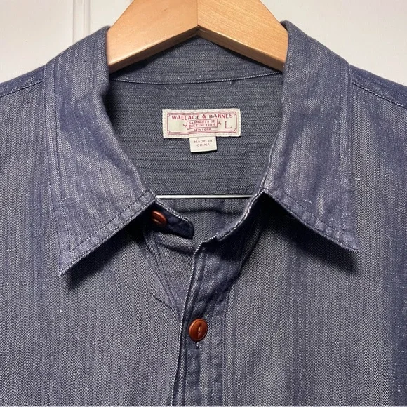 Wallin & Bros Linen Cotton Shirt Dark Blue Chambray Button Workwear Casual Large - Picture 2 of 4